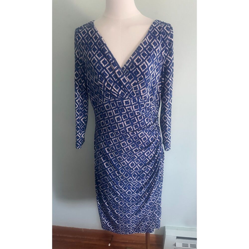 Lauren Ralph Lauren Womens Sheath Geometric Dress Size 10 Ruched 3/4 Sleeve